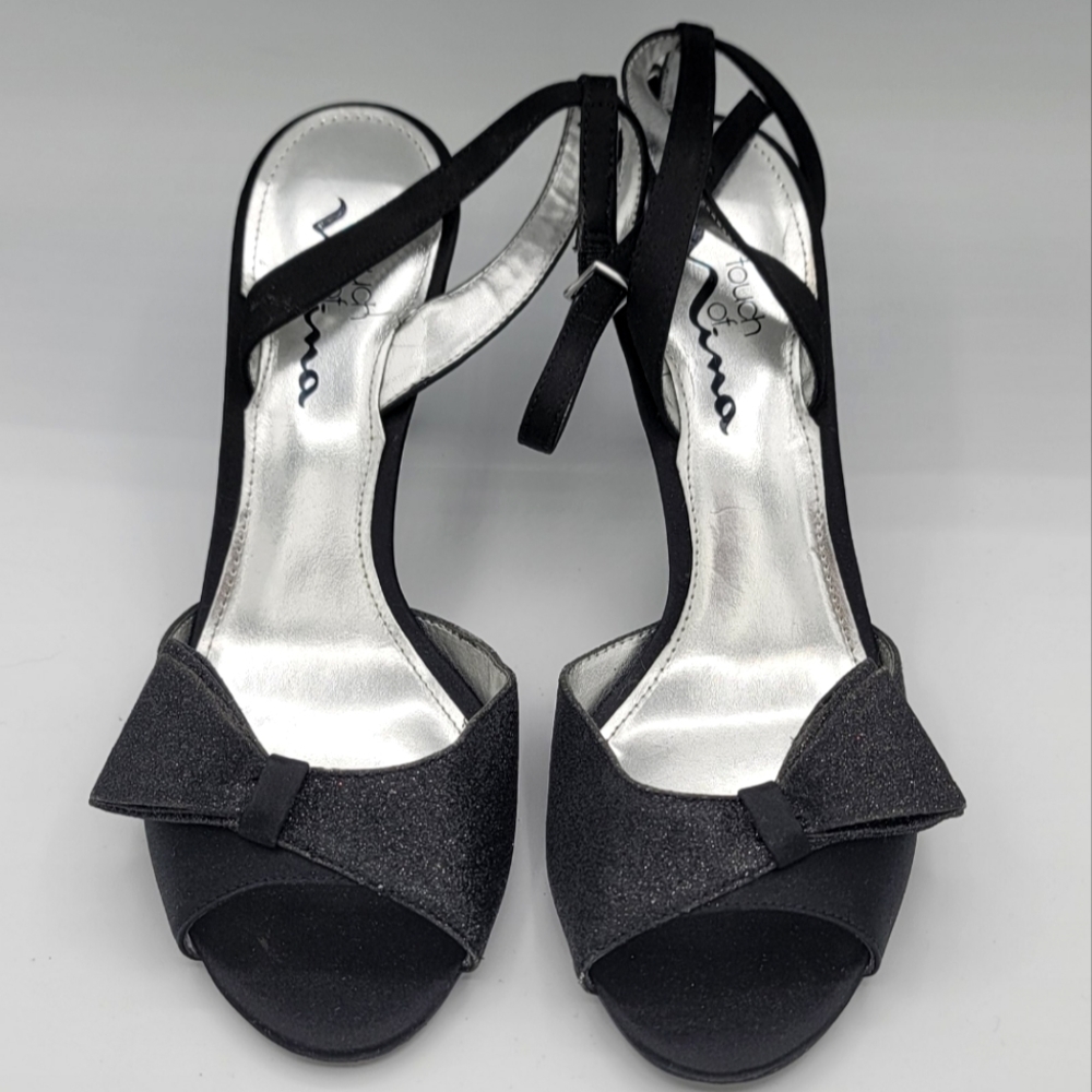 Touch of Nina - Black Open Toe Ankle Strap High-Heel Sandal With Sparkly Bow
